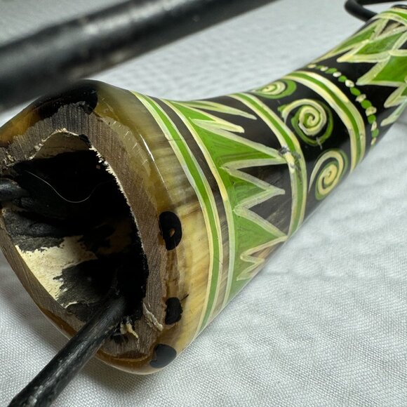 Vintage Handcrafted Tribal Candle Holder With African Motif Metal & Cow Horn - Picture 4 of 8